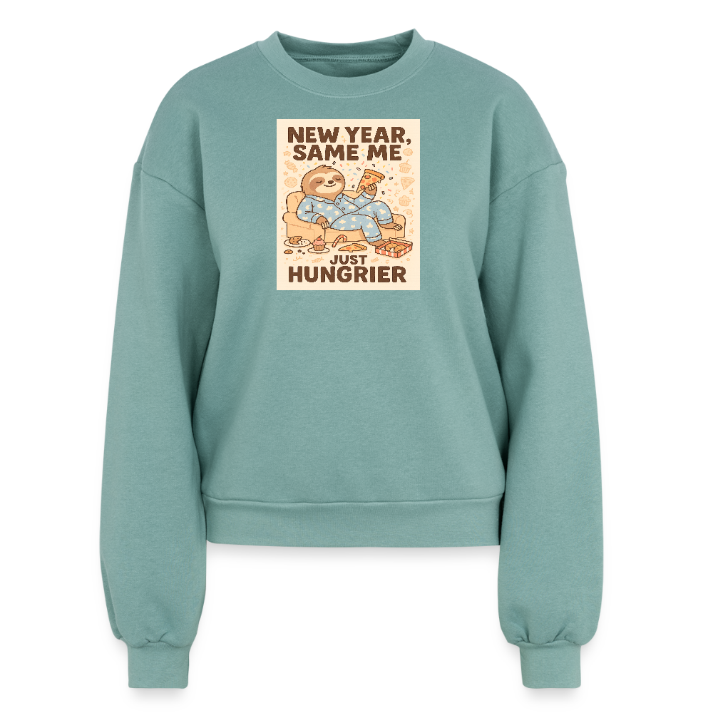 New Year Same Me Just Hungrier Sloth Sweatshirt – Funny Foodie Humor Women’s Fleece Crewneck, Cozy Cute Animal New Year Outfit - saltwater