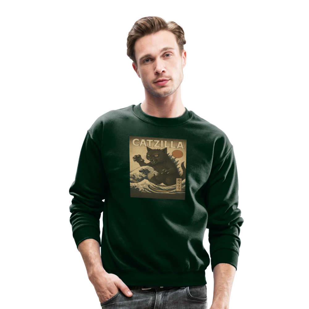 Ukiyo-e Catzilla Retro Japanese Monster Cat Crewneck Sweatshirt - forest green