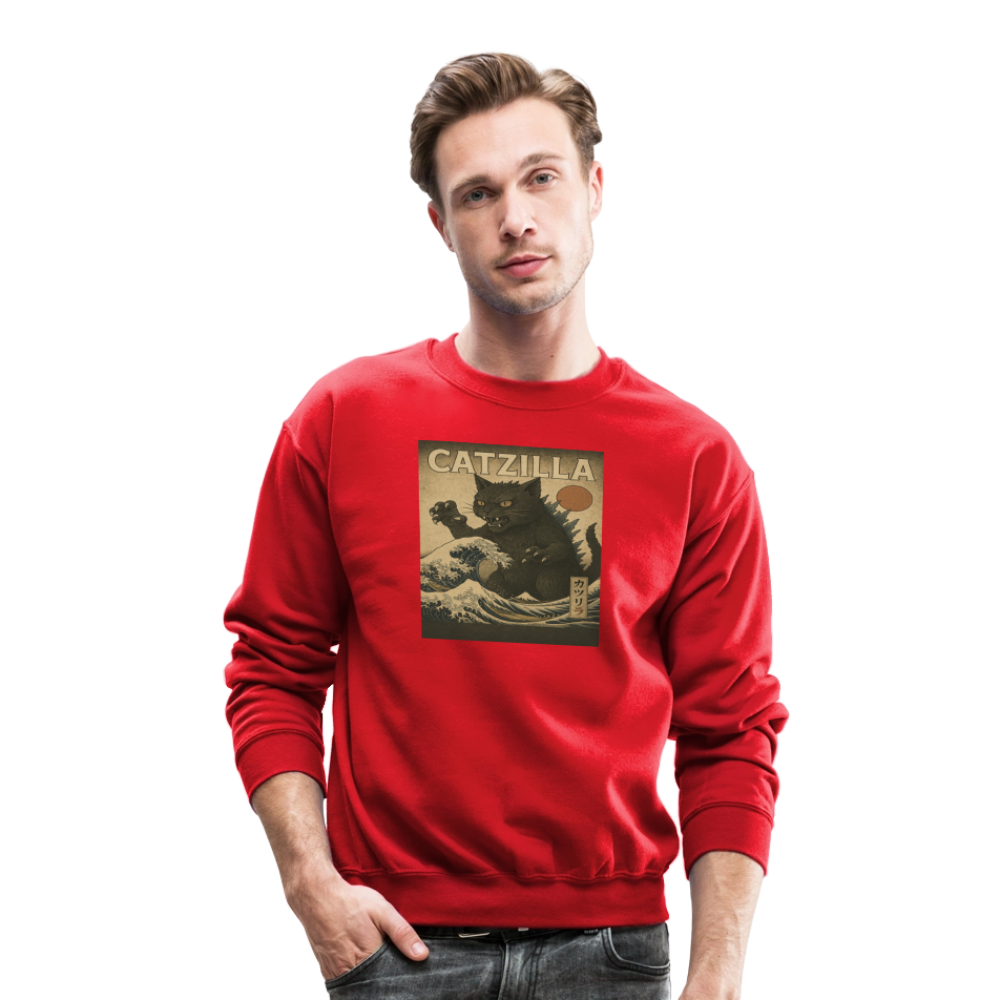Ukiyo-e Catzilla Retro Japanese Monster Cat Crewneck Sweatshirt - red