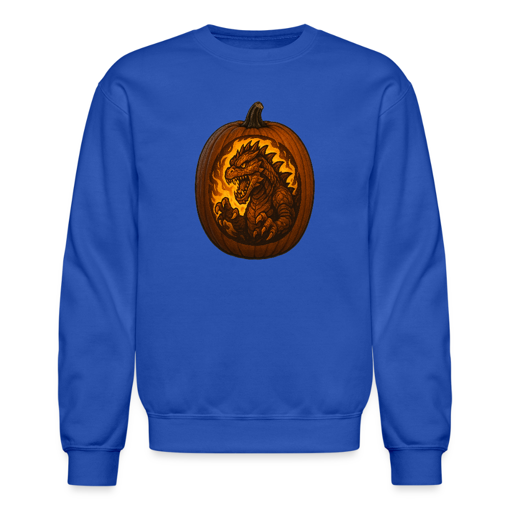 Roaring Kaiju Pumpkin Flame Artwork Crewneck Sweatshirt - royal blue