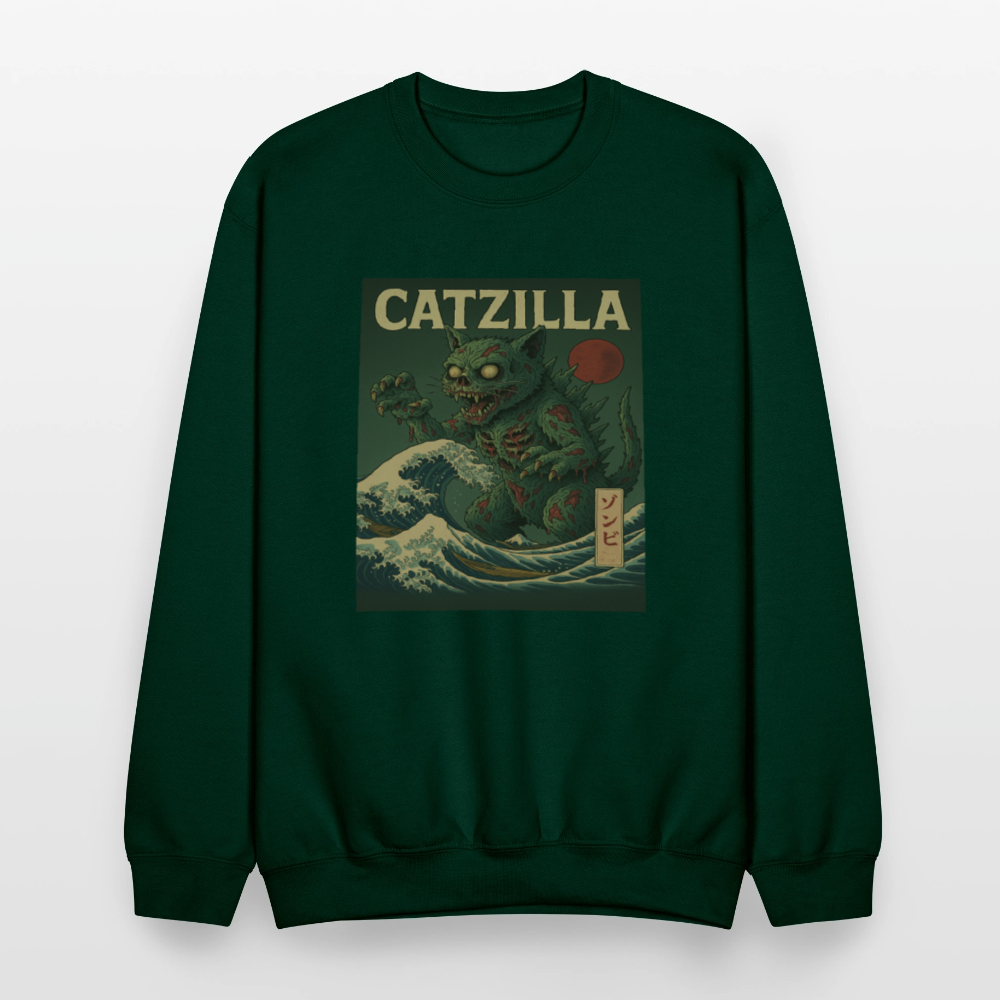 Zombie Catzilla Meme Horror Design Crewneck Sweatshirt - forest green