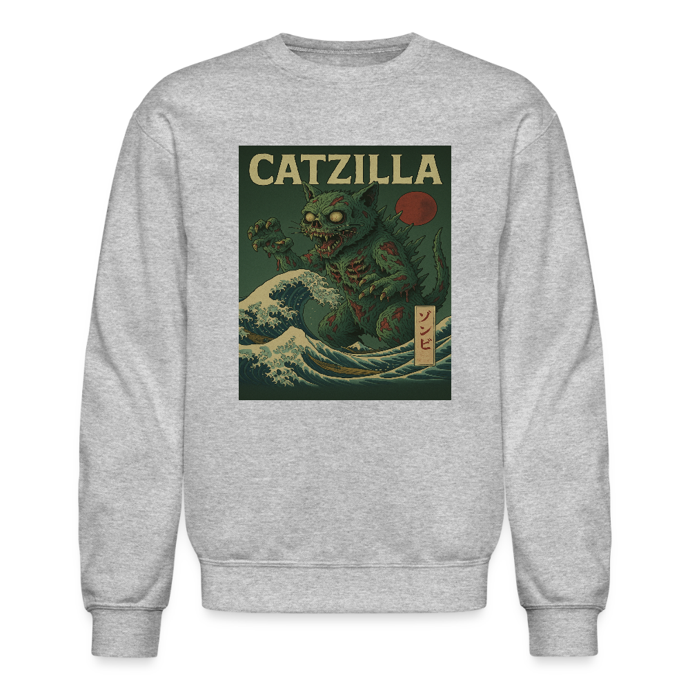 Zombie Catzilla Meme Horror Design Crewneck Sweatshirt - heather gray