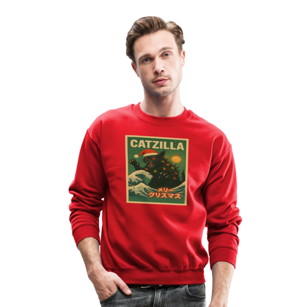 Funny Catzilla Christmas Retro Design Crewneck Sweatshirt - red