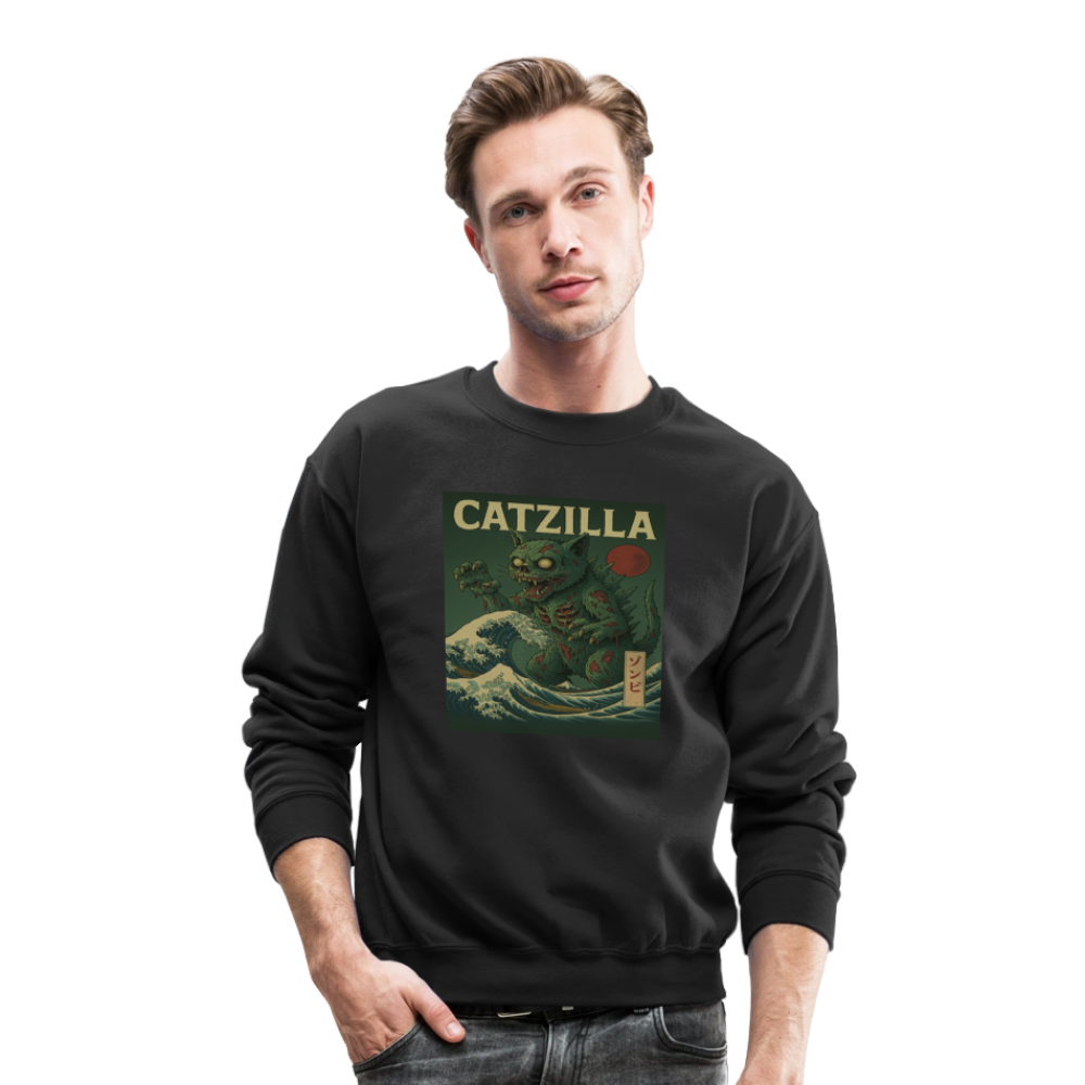 Zombie Catzilla Meme Horror Design Crewneck Sweatshirt - black
