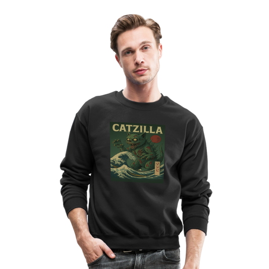 Zombie Catzilla Meme Horror Design Crewneck Sweatshirt - black
