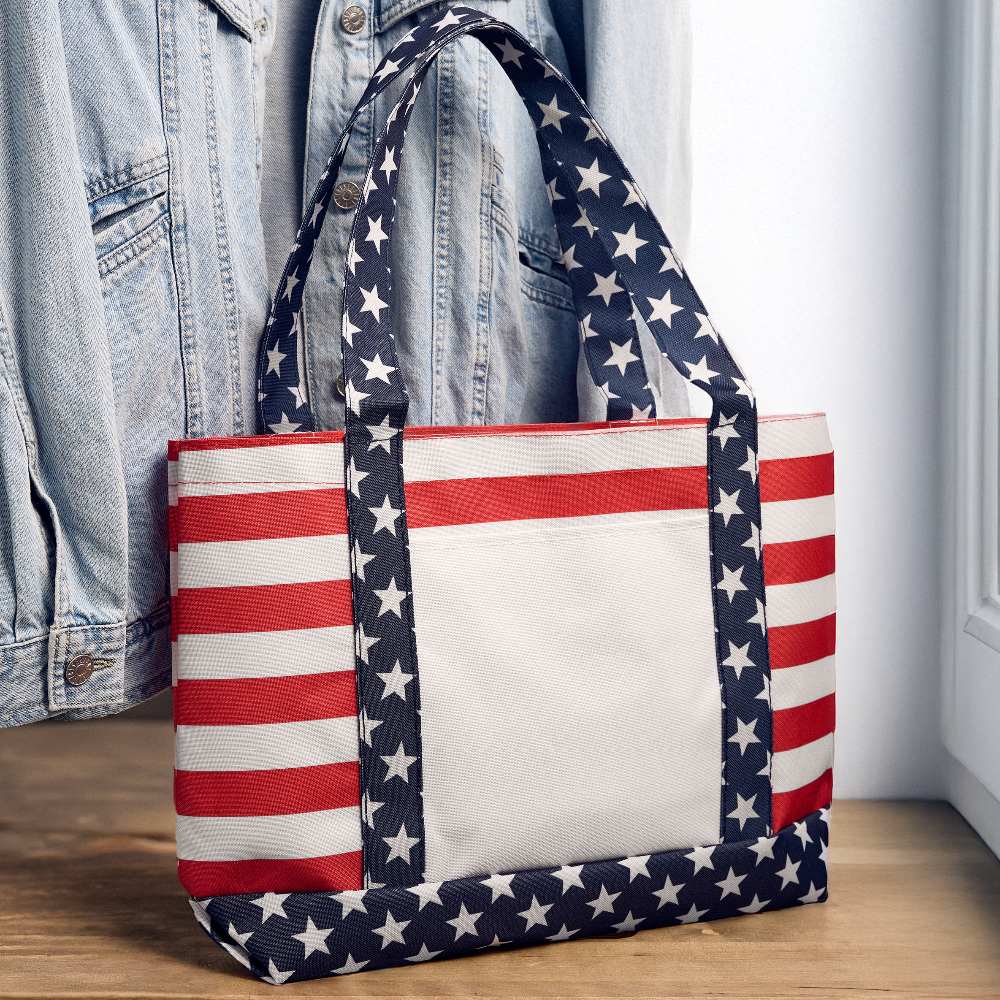 Customizable Americana Tote Bag ADD YOUR OWN PHOTO, IMAGES, DESIGNS, QUOTES AND MORE - red/white/blue 