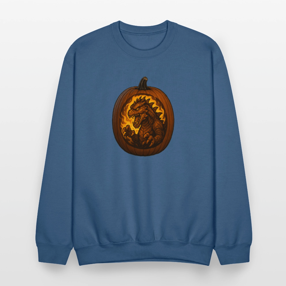 Roaring Kaiju Pumpkin Flame Artwork Crewneck Sweatshirt - indigo blue