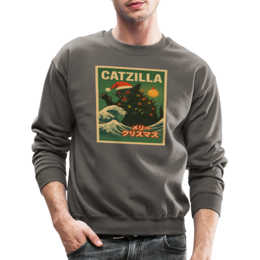 Funny Catzilla Christmas Retro Design Crewneck Sweatshirt - asphalt gray