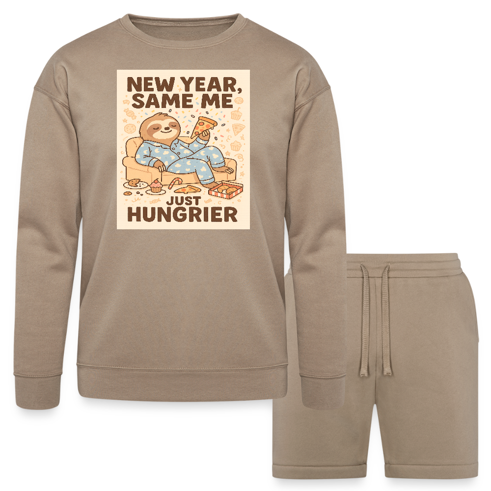 New Year Same Me Just Hungrier Sloth Design Bella + Canvas Unisex Sweatshirt & Short Set - tan