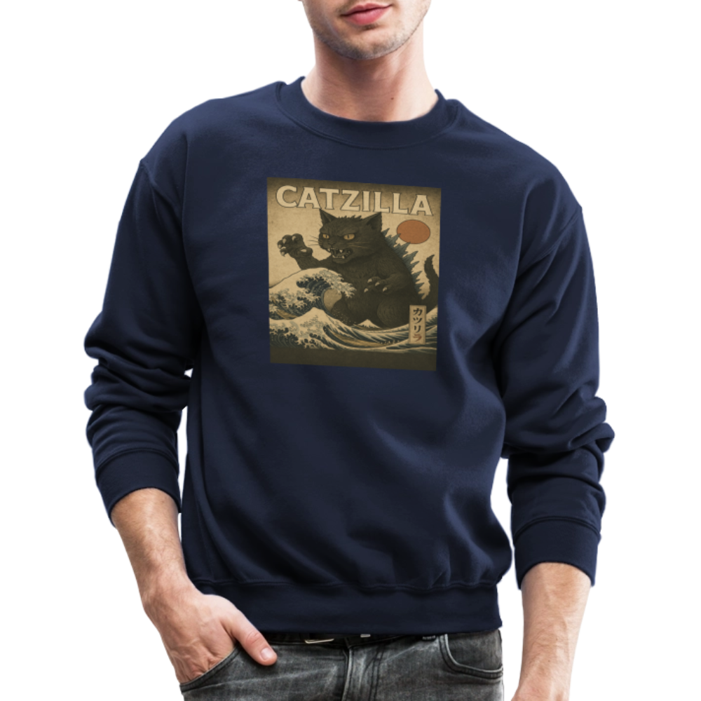 Ukiyo-e Catzilla Retro Japanese Monster Cat Crewneck Sweatshirt - navy