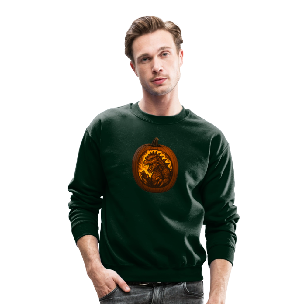 Roaring Kaiju Pumpkin Flame Artwork Crewneck Sweatshirt - forest green