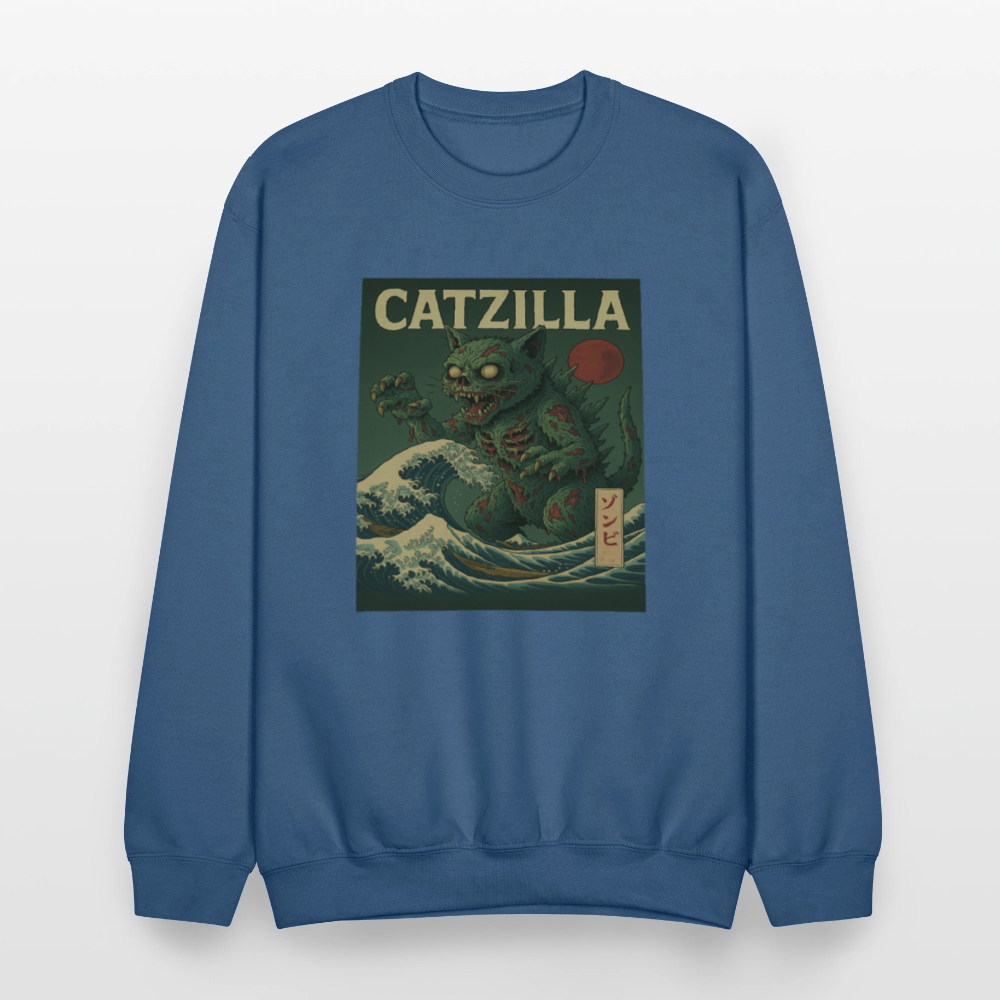 Zombie Catzilla Meme Horror Design Crewneck Sweatshirt - indigo blue