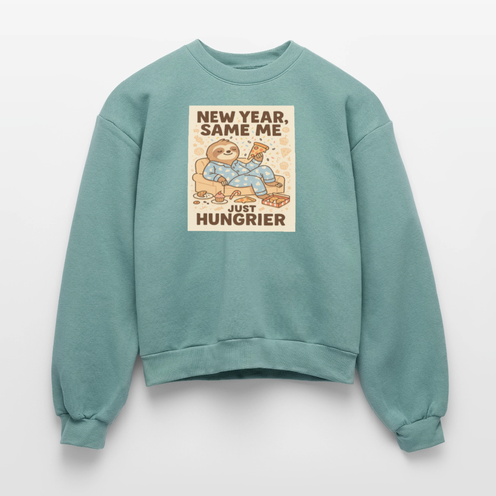 New Year Same Me Just Hungrier Sloth Sweatshirt – Funny Foodie Humor Women’s Fleece Crewneck, Cozy Cute Animal New Year Outfit - saltwater
