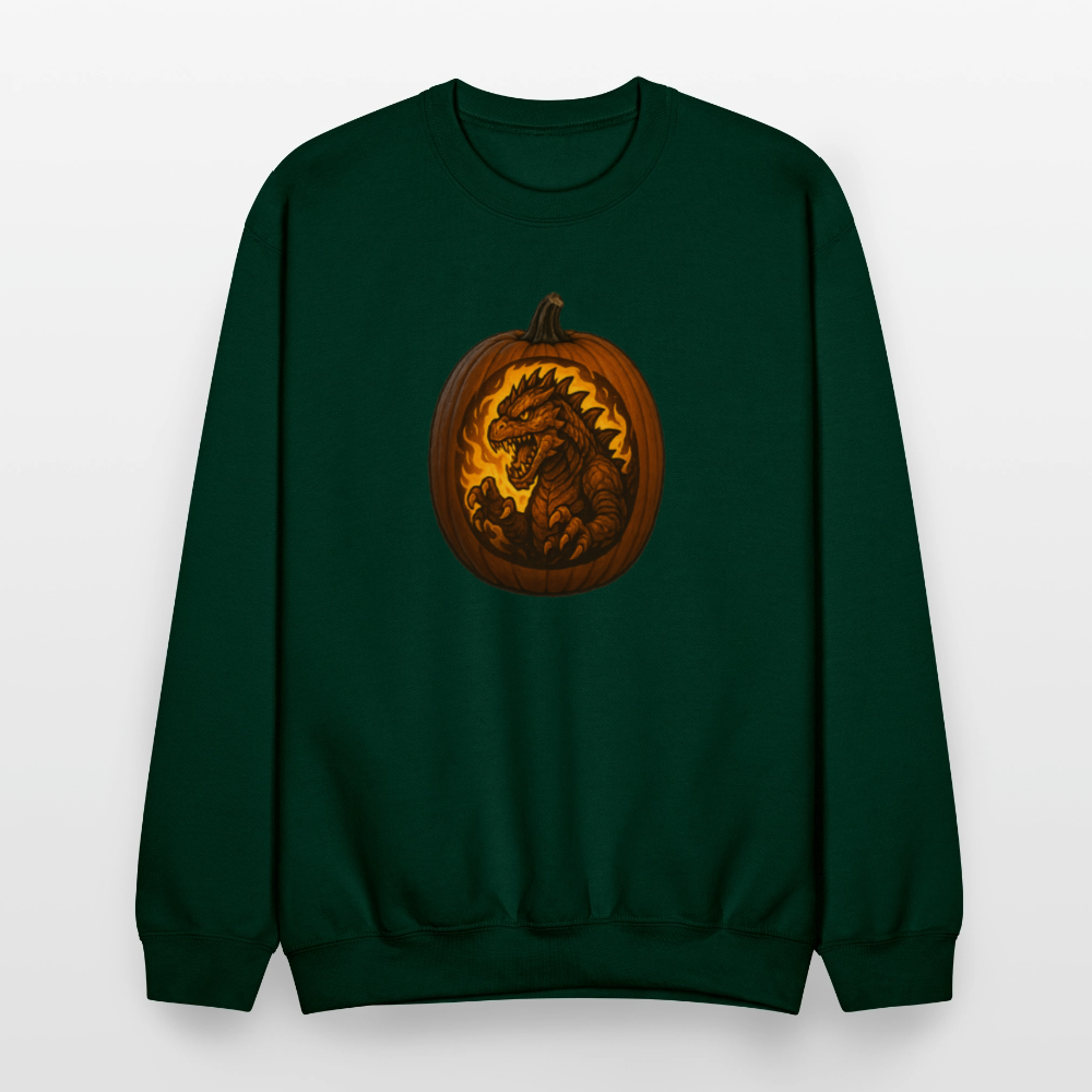 Roaring Kaiju Pumpkin Flame Artwork Crewneck Sweatshirt - forest green
