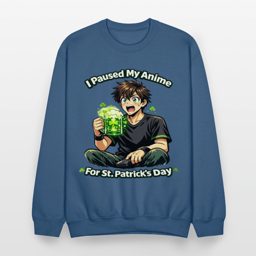 I Paused My Anime for St Patrick’s Day Meme Crewneck Sweatshirt – Funny Anime Humor Shamrock Green Otaku Holiday Sweatshirt - indigo blue