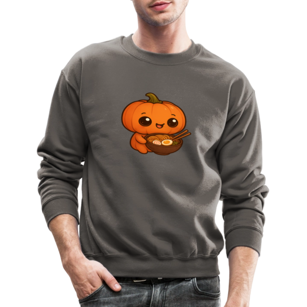 Chibi Pumpkin with Ramen Bowl Kawaii Art Crewneck Sweatshirt - asphalt gray