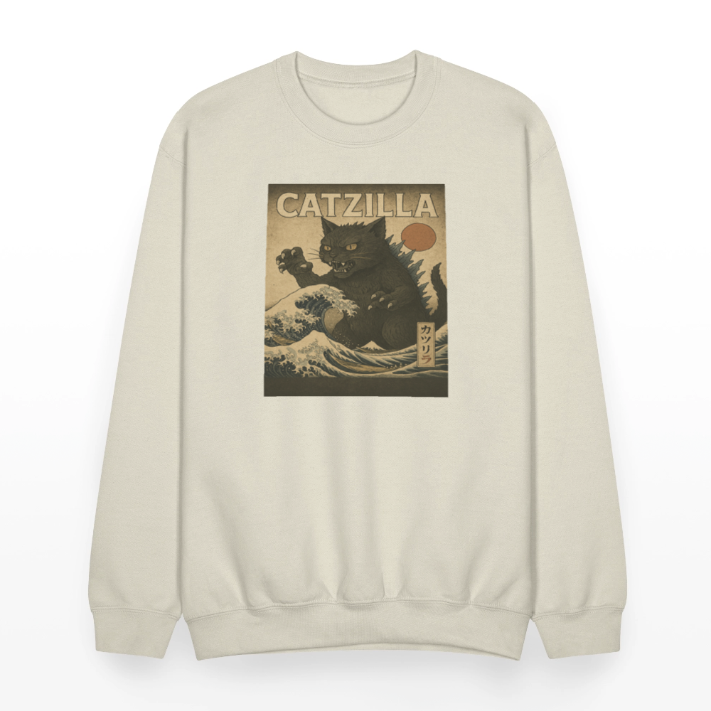 Ukiyo-e Catzilla Retro Japanese Monster Cat Crewneck Sweatshirt - Sand