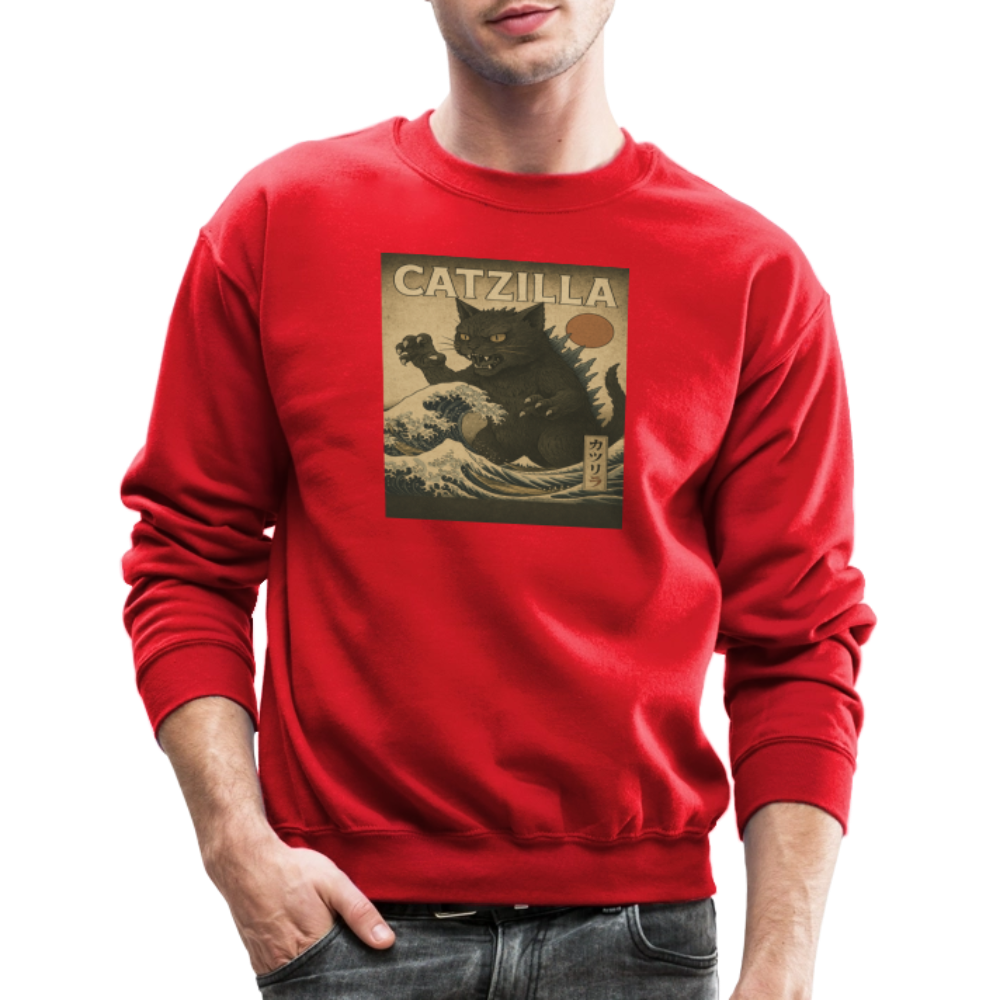 Ukiyo-e Catzilla Retro Japanese Monster Cat Crewneck Sweatshirt - red