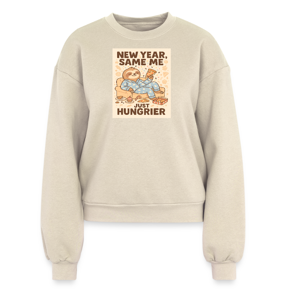 New Year Same Me Just Hungrier Sloth Sweatshirt – Funny Foodie Humor Women’s Fleece Crewneck, Cozy Cute Animal New Year Outfit - natural