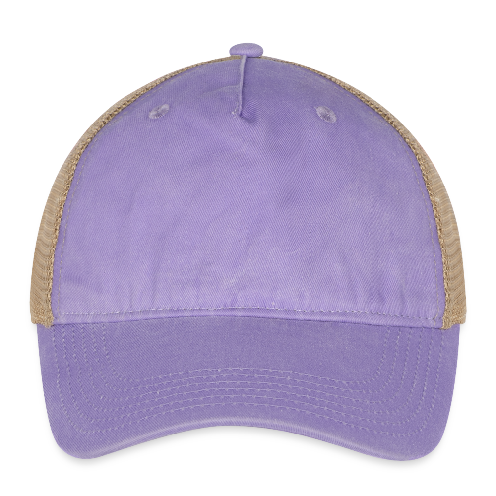 Customizable Pigment Dyed Trucker Hat ADD YOUR OWN PHOTO, IMAGES, DESIGNS, QUOTES AND MORE - washed purple/beige