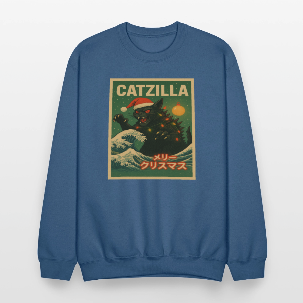 Funny Catzilla Christmas Retro Design Crewneck Sweatshirt - indigo blue