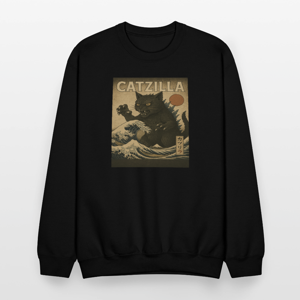 Ukiyo-e Catzilla Retro Japanese Monster Cat Crewneck Sweatshirt - black