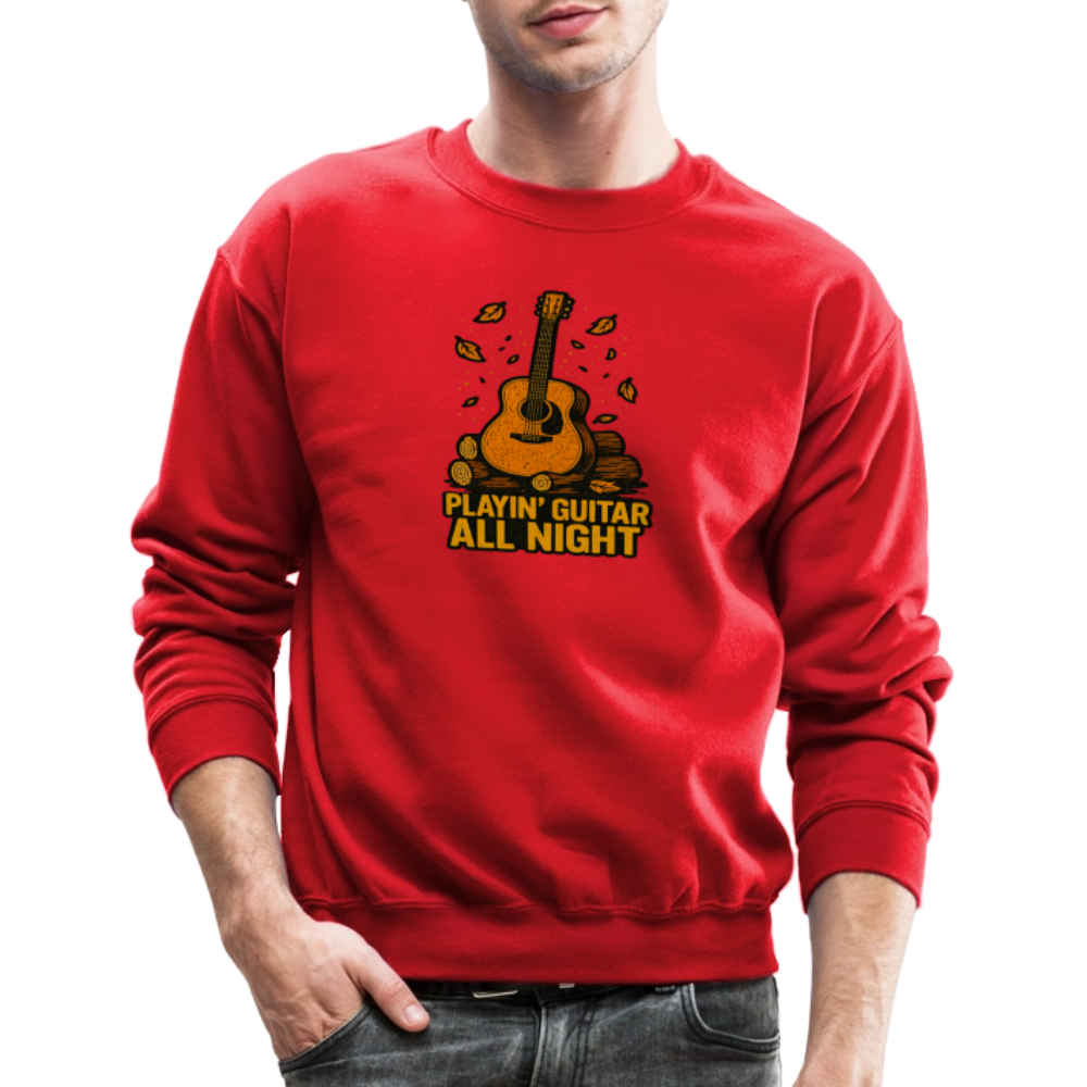 Playin Guitar All Night Acoustic Music Crewneck Sweatshirt - red