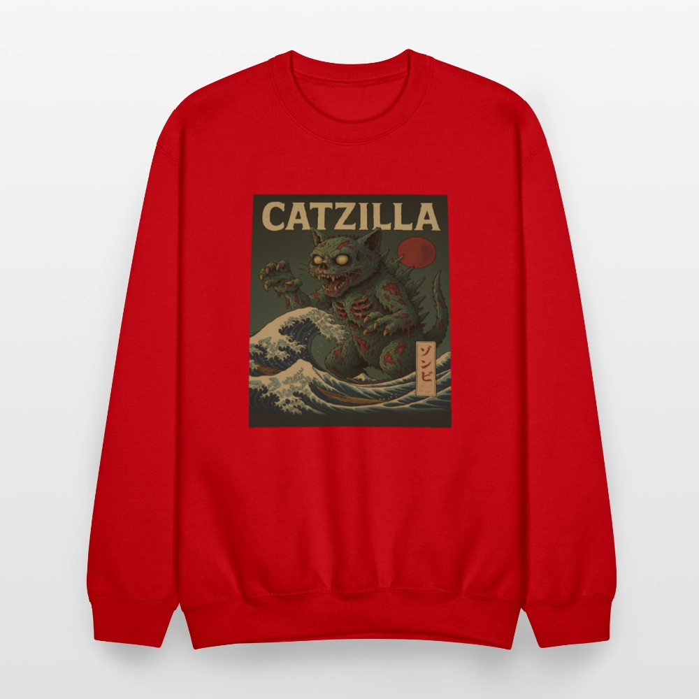Zombie Catzilla Meme Horror Design Crewneck Sweatshirt - red