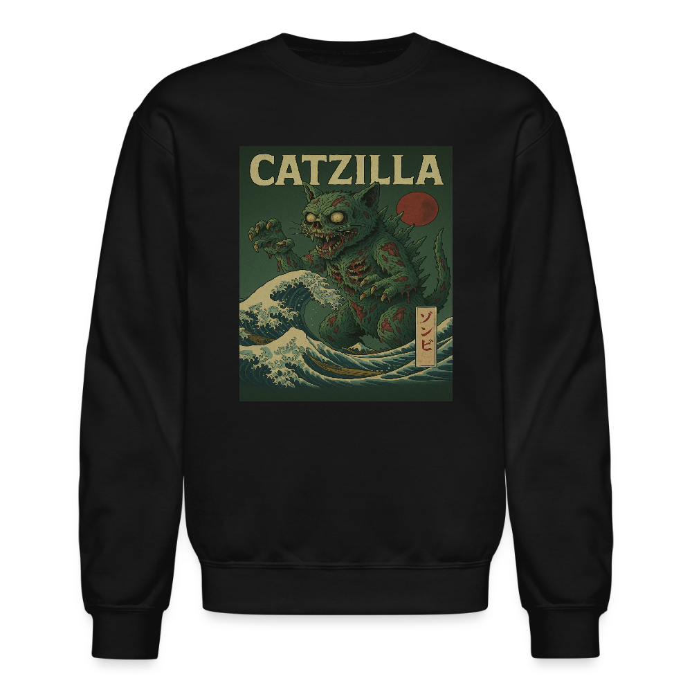 Zombie Catzilla Meme Horror Design Crewneck Sweatshirt - black