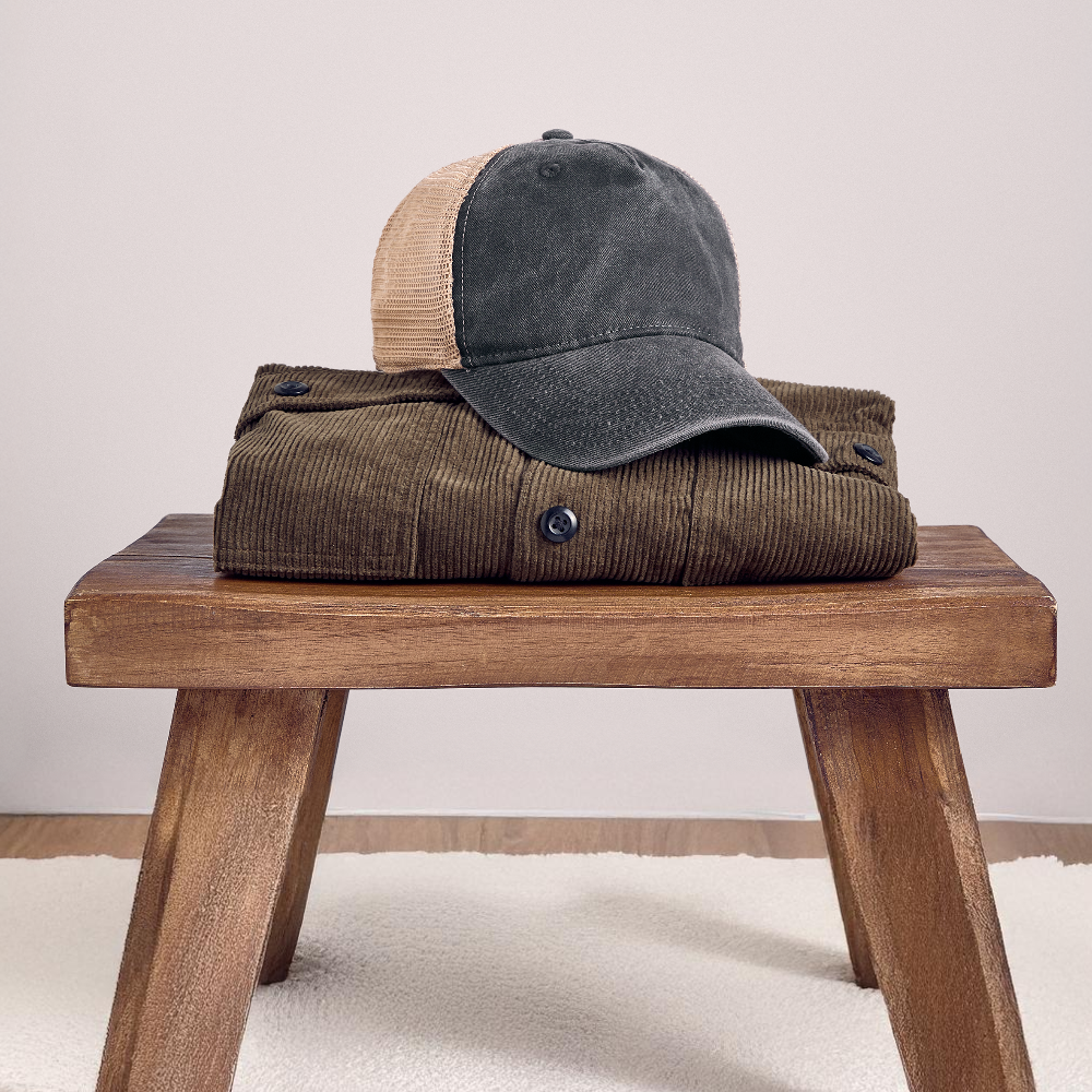 Customizable Pigment Dyed Trucker Hat ADD YOUR OWN PHOTO, IMAGES, DESIGNS, QUOTES AND MORE - washed black/beige