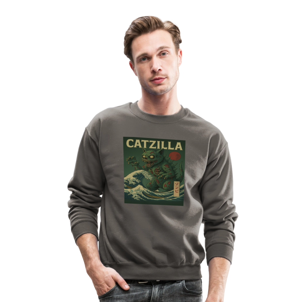 Zombie Catzilla Meme Horror Design Crewneck Sweatshirt - asphalt gray