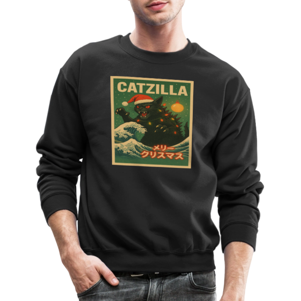 Funny Catzilla Christmas Retro Design Crewneck Sweatshirt - black