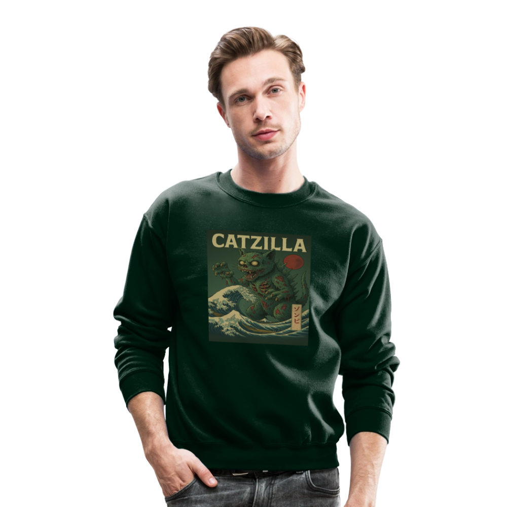 Zombie Catzilla Meme Horror Design Crewneck Sweatshirt - forest green
