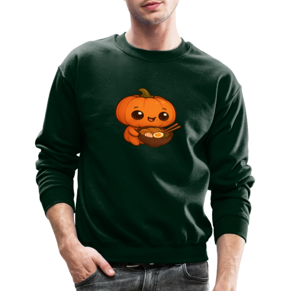 Chibi Pumpkin with Ramen Bowl Kawaii Art Crewneck Sweatshirt - forest green
