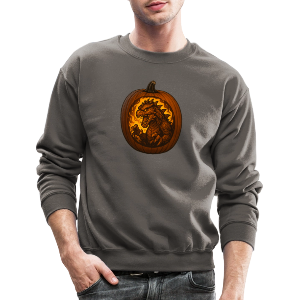 Roaring Kaiju Pumpkin Flame Artwork Crewneck Sweatshirt - asphalt gray