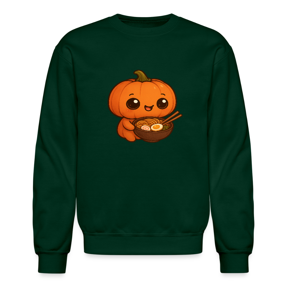 Chibi Pumpkin with Ramen Bowl Kawaii Art Crewneck Sweatshirt - forest green