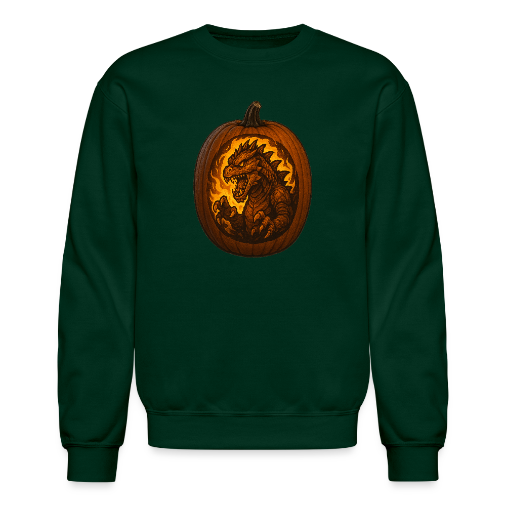 Roaring Kaiju Pumpkin Flame Artwork Crewneck Sweatshirt - forest green