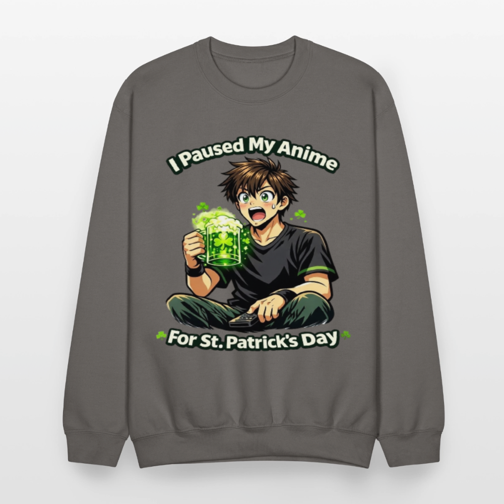 I Paused My Anime for St Patrick’s Day Meme Crewneck Sweatshirt – Funny Anime Humor Shamrock Green Otaku Holiday Sweatshirt - asphalt gray