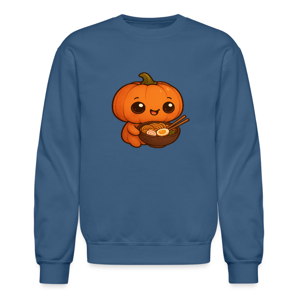Chibi Pumpkin with Ramen Bowl Kawaii Art Crewneck Sweatshirt - indigo blue