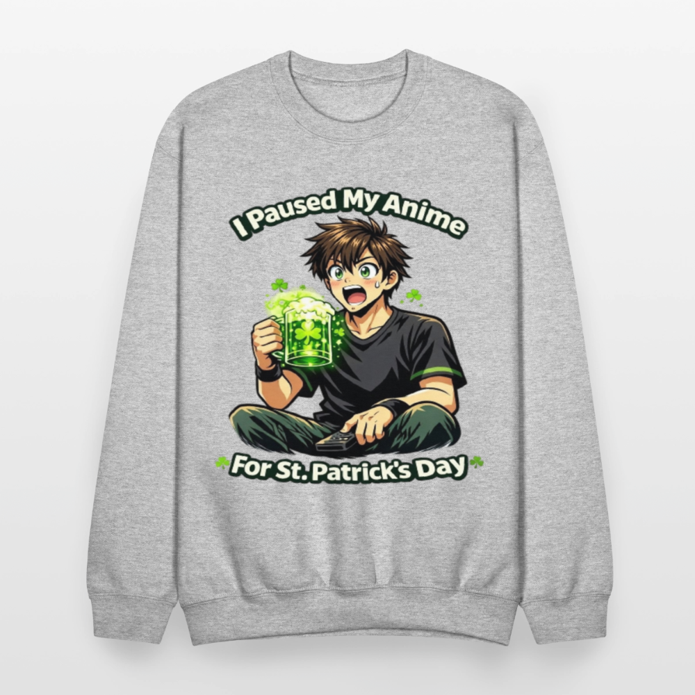 I Paused My Anime for St Patrick’s Day Meme Crewneck Sweatshirt – Funny Anime Humor Shamrock Green Otaku Holiday Sweatshirt - heather gray