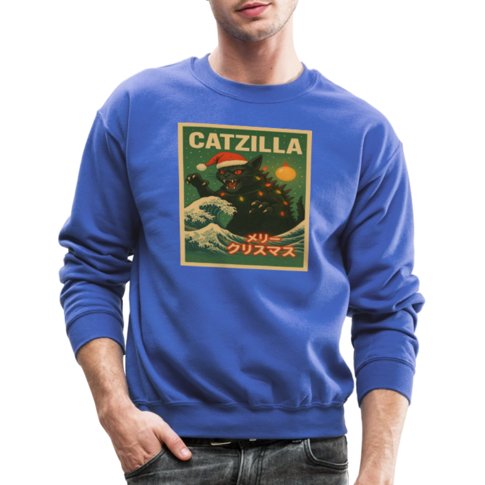 Funny Catzilla Christmas Retro Design Crewneck Sweatshirt - royal blue