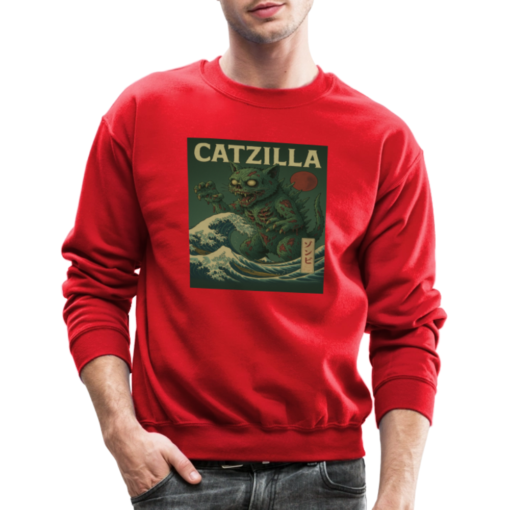 Zombie Catzilla Meme Horror Design Crewneck Sweatshirt - red