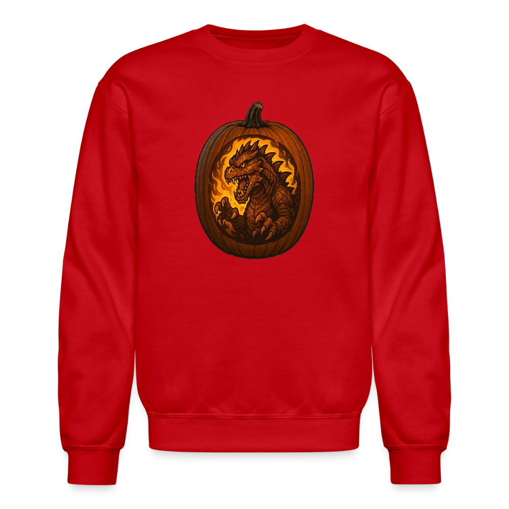 Roaring Kaiju Pumpkin Flame Artwork Crewneck Sweatshirt - red