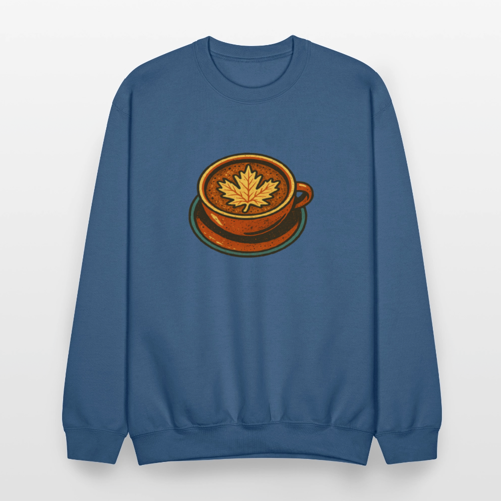 Autumn Coffee Cup with Maple Leaf Art Crewneck Sweatshirt - indigo blue