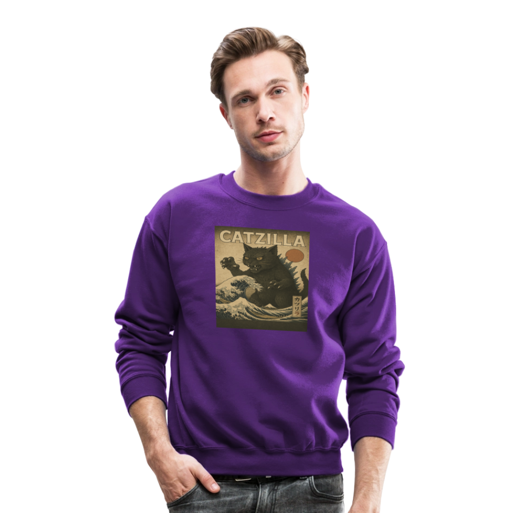 Ukiyo-e Catzilla Retro Japanese Monster Cat Crewneck Sweatshirt - purple