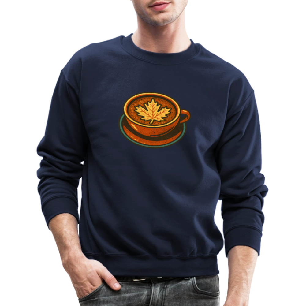 Autumn Coffee Cup with Maple Leaf Art Crewneck Sweatshirt - navy