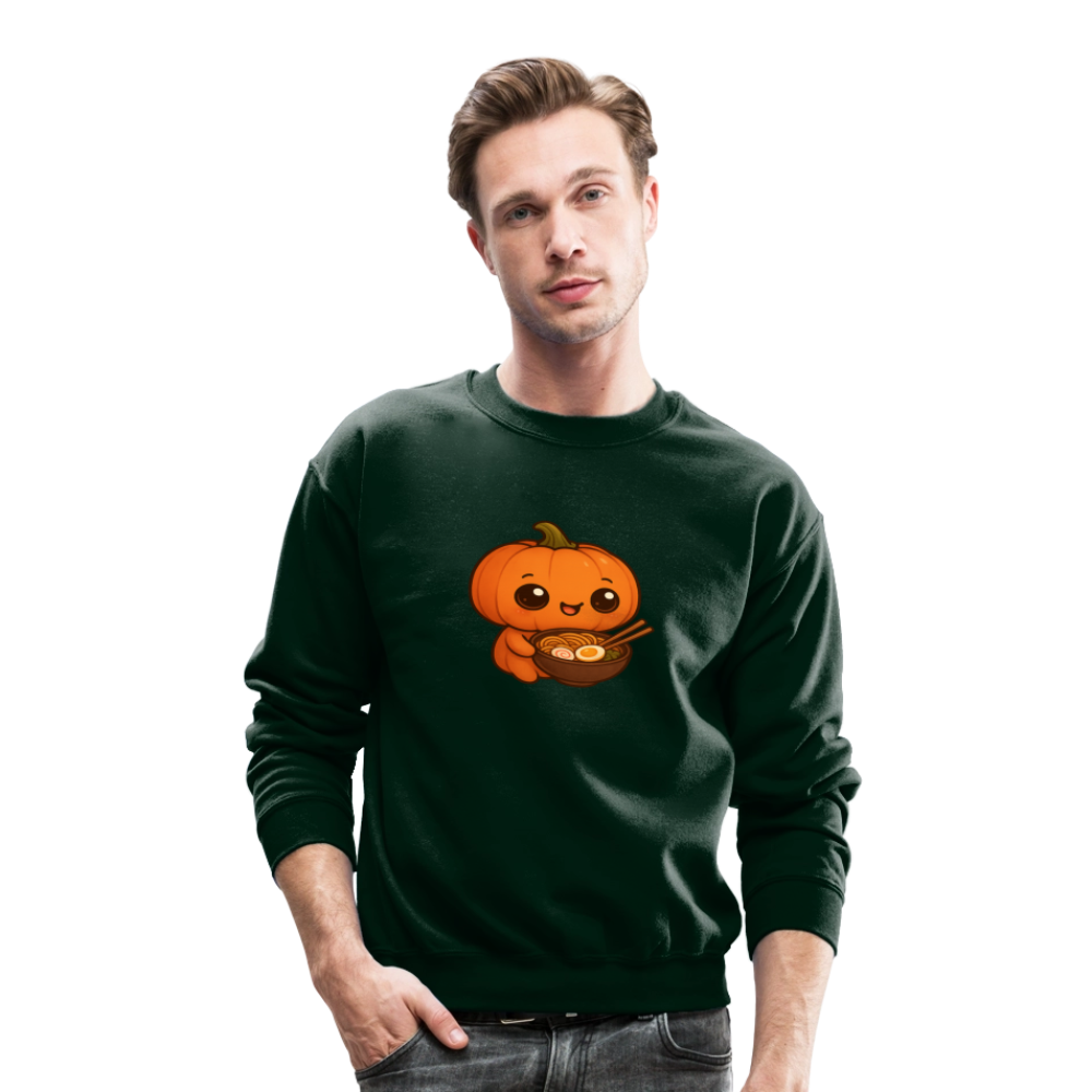 Chibi Pumpkin with Ramen Bowl Kawaii Art Crewneck Sweatshirt - forest green