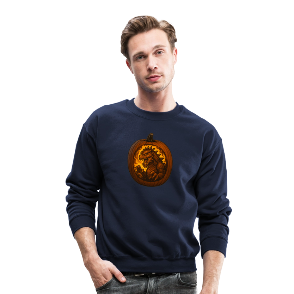 Roaring Kaiju Pumpkin Flame Artwork Crewneck Sweatshirt - navy