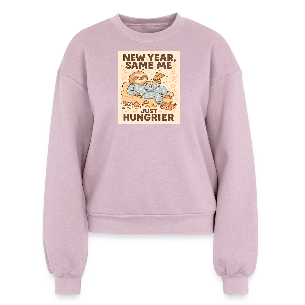 New Year Same Me Just Hungrier Sloth Sweatshirt – Funny Foodie Humor Women’s Fleece Crewneck, Cozy Cute Animal New Year Outfit - blush pink 