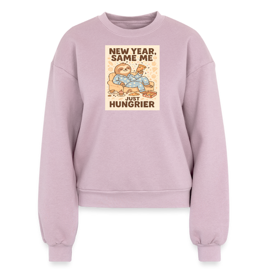 New Year Same Me Just Hungrier Sloth Sweatshirt – Funny Foodie Humor Women’s Fleece Crewneck, Cozy Cute Animal New Year Outfit - blush pink 